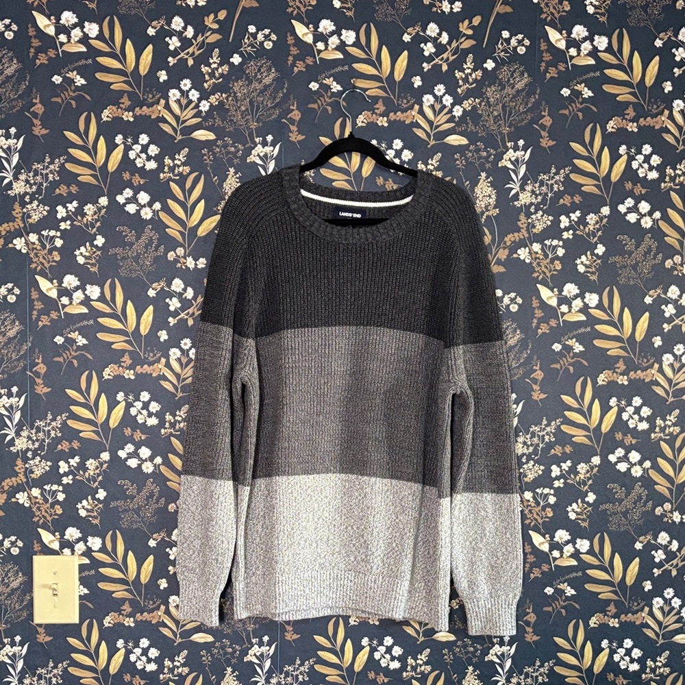 Lands' End Men's Black and Gray Knit Colorblock Crewneck Sweater Size XL